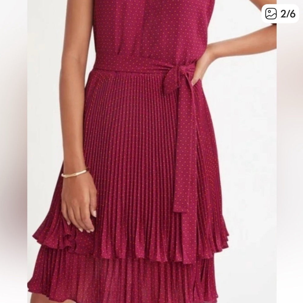 Ann Taylor Maroon Pleated Tiered Midi Dress Halter Polka Dot Career Holiday 4 S - Picture 3 of 9